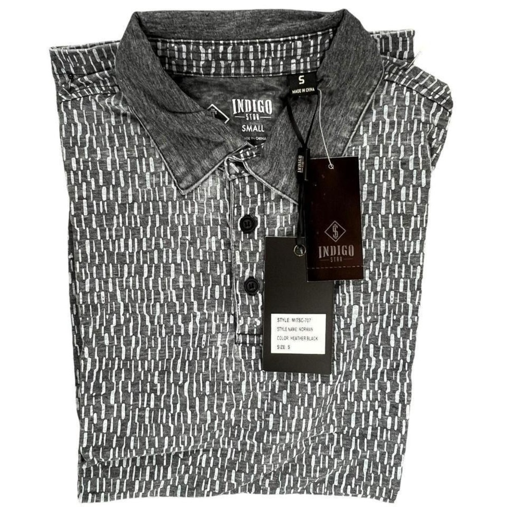 Indigo Star Mens Knit S S Burnout Polo Botanical Print‎ Heather Black Size S